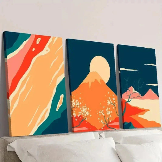 3pcs Cherry Blossom Mountain and Sun Wall Art Set Canvas Framed 40x60cm - High Quality Print 100% Australian Made Wall Canvas Ready to Hang