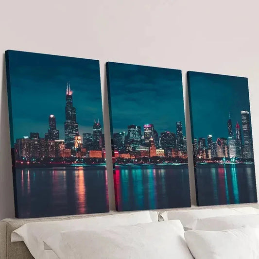 3pcs Night City with Reflective Skyscrapers Wall Art Set Canvas Framed 40x60cm - High Quality Print 100% Australian Made Wall Canvas Ready to Hang