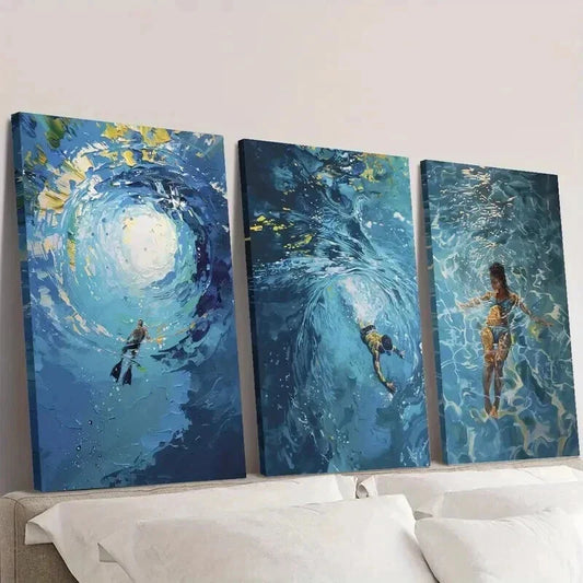 3pcs Swimming in Sea Nature Landscape Wall Art Set Canvas Framed 40x60cm - High Quality Print 100% Australian Made Wall Canvas Ready to Hang