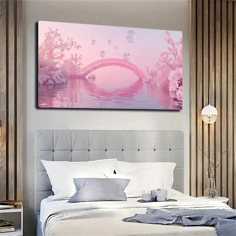 Pink Arch Bridge & River Sky Wall Art Canvas Office Home Room Framed 120x60cm
