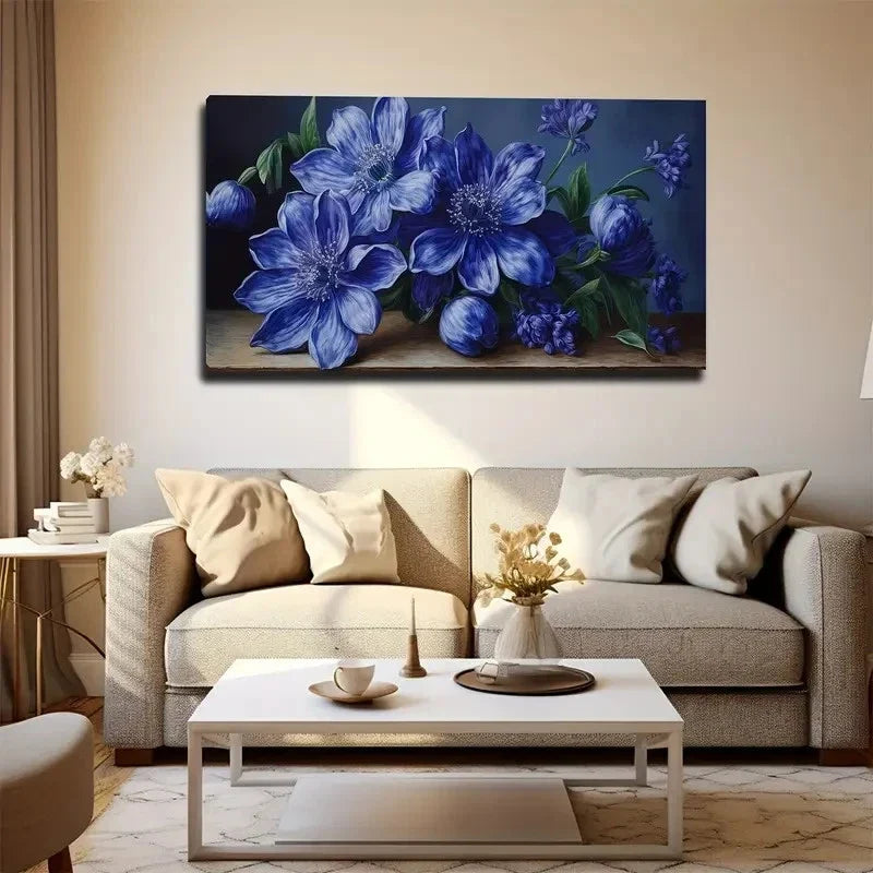 Beautiful Blue Flowers Wall Art Canvas Office Home Room Framed 80x45cm