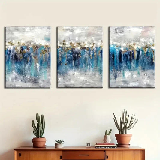 3pcs Featuring Modern Gray Blue Abstract Metal Print Ready to Hang Art