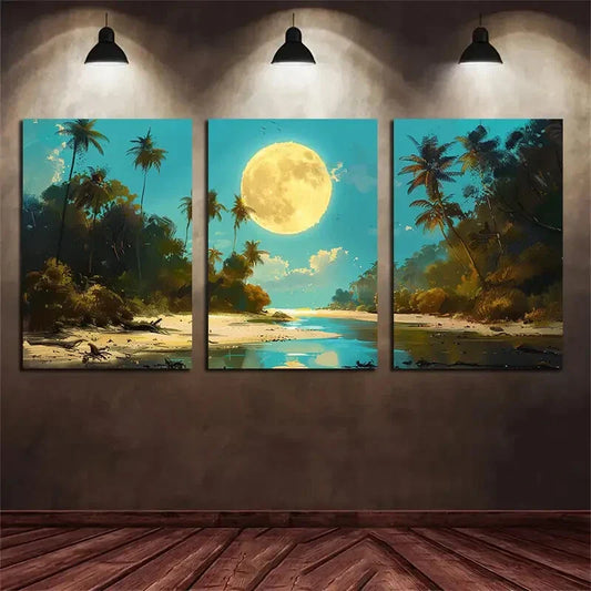 3pcs Golden Fireworks Reflected On The Beach Metal Print Ready to Hang Art