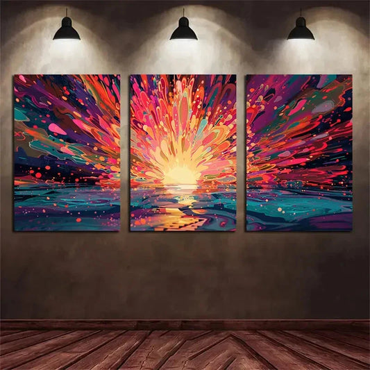 3pcs Sunburst Abstract Explosion of Color Metal Print Ready to Hang Art