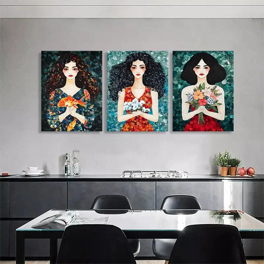 3pcs Colorful Floral Women Flowers Perfect Wall Art Set Canvas Framed 40x60cm - High Quality Print 100% Australian Made Wall Canvas Ready to Hang
