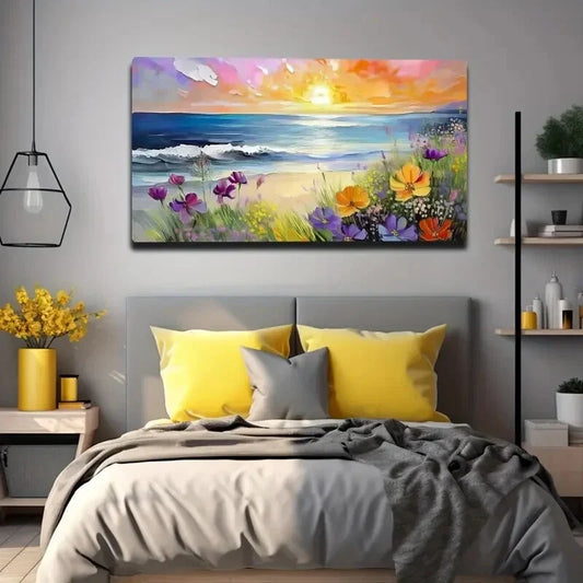 Beach Sunset Colorful Flower Wall Art Canvas Office Home Room Framed 120x60cm