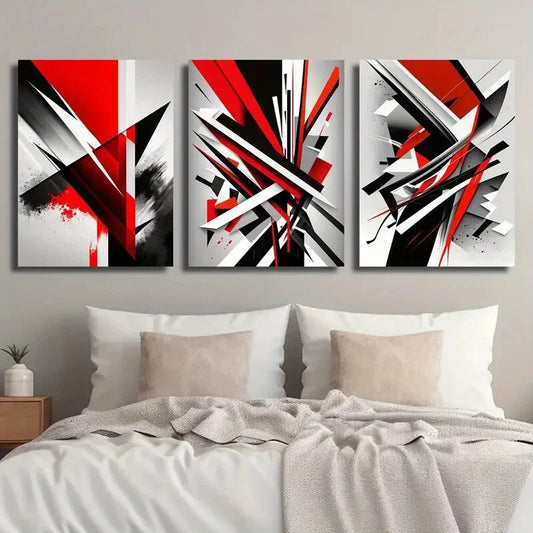 3pcs Abstract Red and Black Luxury Geometric Metal Print Ready to Hang Art