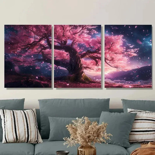 3pcs Cherry Blossom Pink Floral Landscape Metal Print Ready to Hang Art