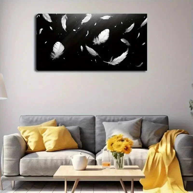 Elegant White Feathers Black Wall Art Canvas Office Home Room Framed 120x60cm