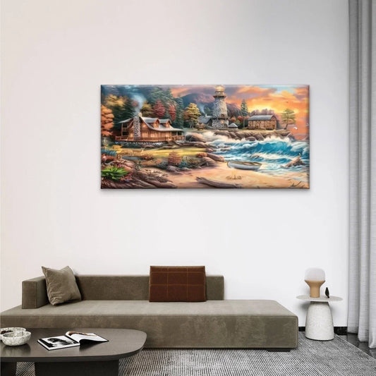 Beach Scene Lighthouse Boat Wall Art Canvas Office Home Room Framed 80x45cm