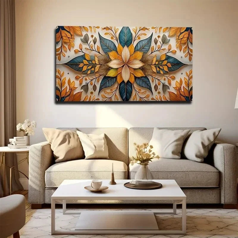 Orange & Teal Flower Wall Art Canvas Office Home Room Framed 80x45cm