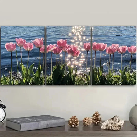 3pcs Pink Tulip Blue Water Colorful Perfect Wall Art Set Canvas Framed 40x60cm - High Quality Print 100% Australian Made Wall Canvas Ready to Hang