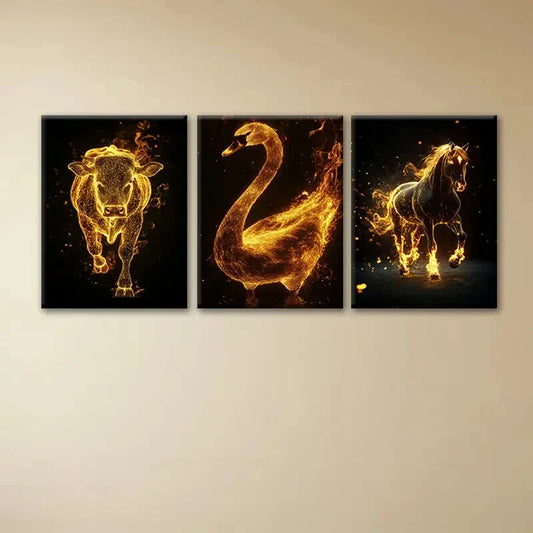 3pcs Fiery Animals Cows Swans and Horses Metal Print Ready to Hang Art