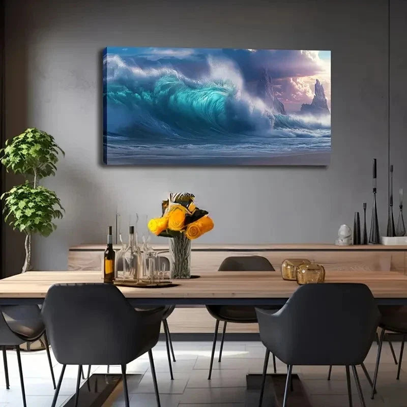 Blue-Green Surreal Ocean Sunset Wall Art Canvas Office Home Room Framed 120x60cm