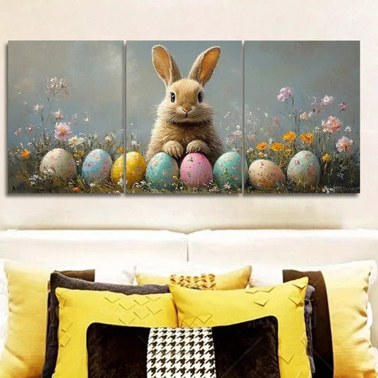 3pcs Adorable Easter Bunny with Eggs Wall Art Set Canvas Framed 40x60cm - High Quality Print 100% Australian Made Wall Canvas Ready to Hang
