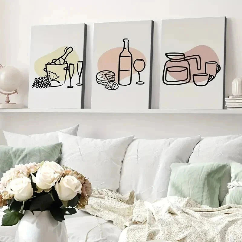 3pcs Line Art Trendy Bar Wine Bottle and Cheese Wall Art Set Canvas Framed 40x60cm - High Quality Print 100% Australian Made Wall Canvas Ready to Hang
