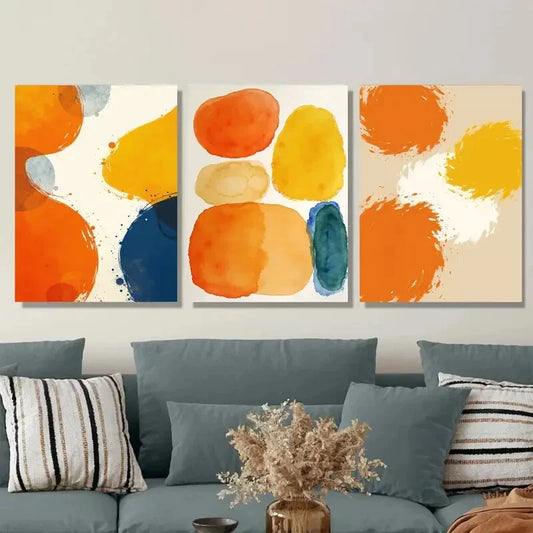 3pcs Vibrant Abstract Watercolor Orange, Blue Wall Art Set Canvas Framed 40x60cm - High Quality Print 100% Australian Made Wall Canvas Ready to Hang