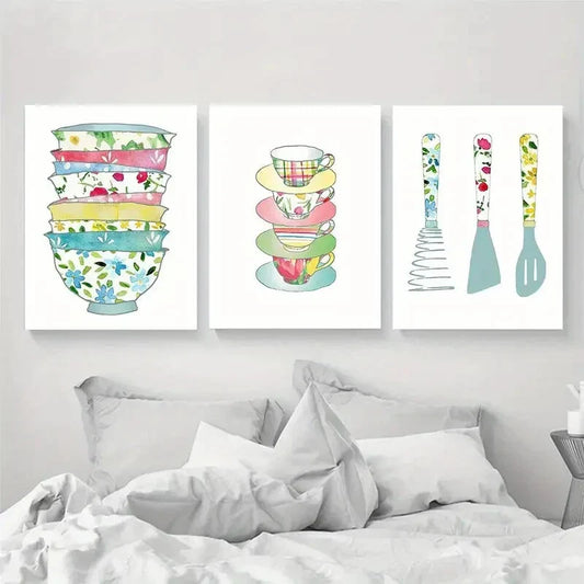 3pcs Nordic Textured Blue Utensils Metal Print Ready to Hang Art