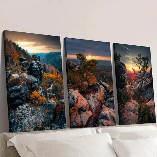 3pcs Sunset in Saxon Switzerland Mountains Wall Art Set Canvas Framed 40x60cm - High Quality Print 100% Australian Made Wall Canvas Ready to Hang