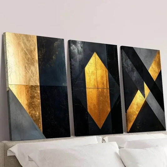 3pcs Golden and Black Geometric Marble Texture Wall Art Set Canvas Framed 40x60cm - High Quality Print 100% Australian Made Wall Canvas Ready to Hang