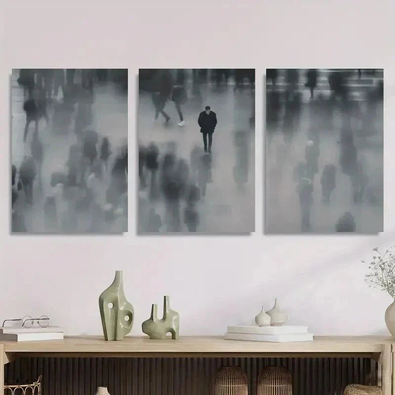3pcs Black and White Blurry Crowd Metal Print Ready to Hang Art