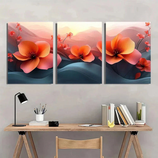 3pcs Pinky Orange Flowers Abstract Backg Metal Print Ready to Hang Art