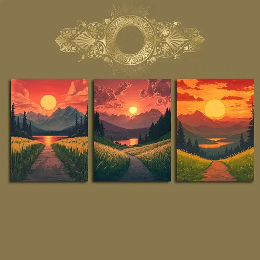 3pcs Rural Sunset Green Grasses Mountain Metal Print Ready to Hang Art