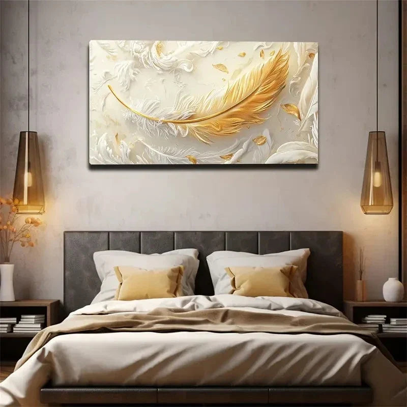 Golden Feather Abstract Wall Art canvas office home room framed 120x60cm
