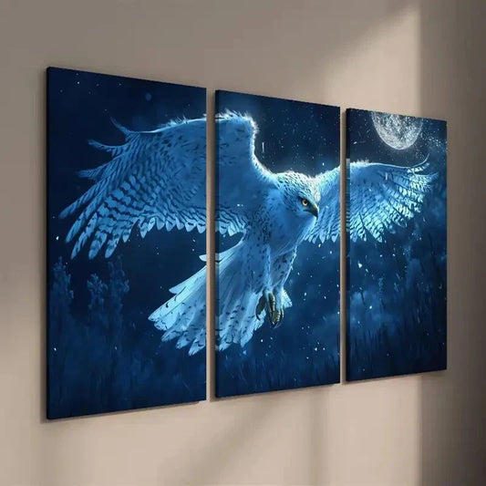 3pcs Majestic Snowy Owl in Moonlight Wall Art Set Canvas Framed 40x60cm - High Quality Print 100% Australian Made Wall Canvas Ready to Hang
