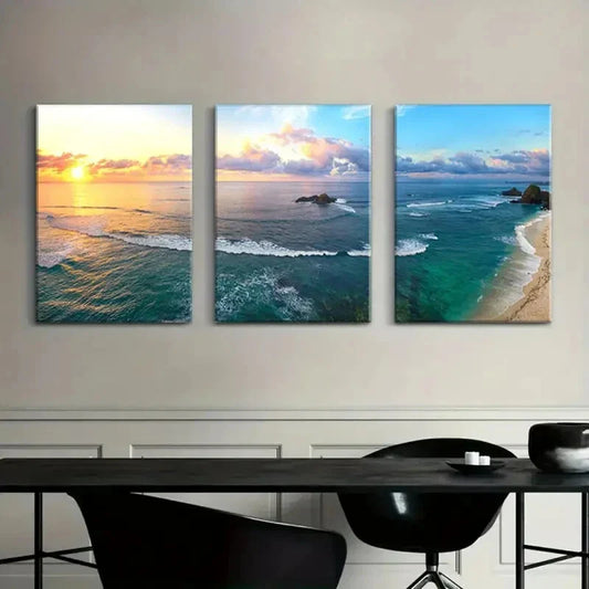 3pcs Beach Sunset Waves Blue Sky Metal Print Ready to Hang Art