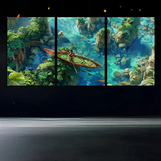 3pcs Tropical Boat and Lush Vegetation Metal Print Ready to Hang Art