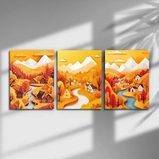 3pcs Abstract Colourful Yellow & White Metal Print Ready to Hang Art