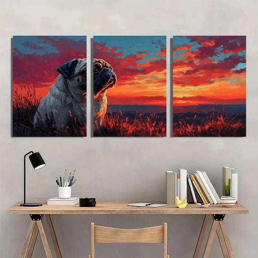 3pcs Craft Pug Dog at Sunset Animal Theme Metal Print Ready to Hang Art