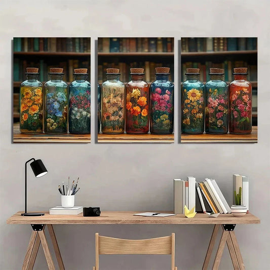 3pcs Vintage Floral Specimen Bottles Metal Print Ready to Hang Art