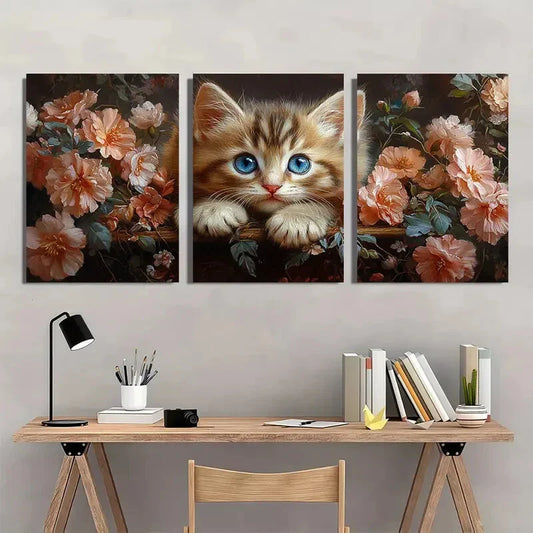 3pcs Painting Sparkling Blue Eyed Kitten Floral Metal Print Ready to Hang Art