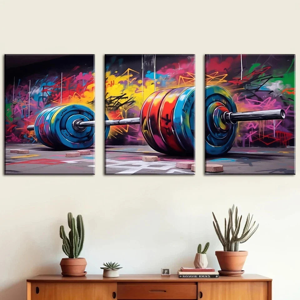 3pcs Gym Graffiti Art Weight Lifting Barbell Metal Print Ready to Hang Art