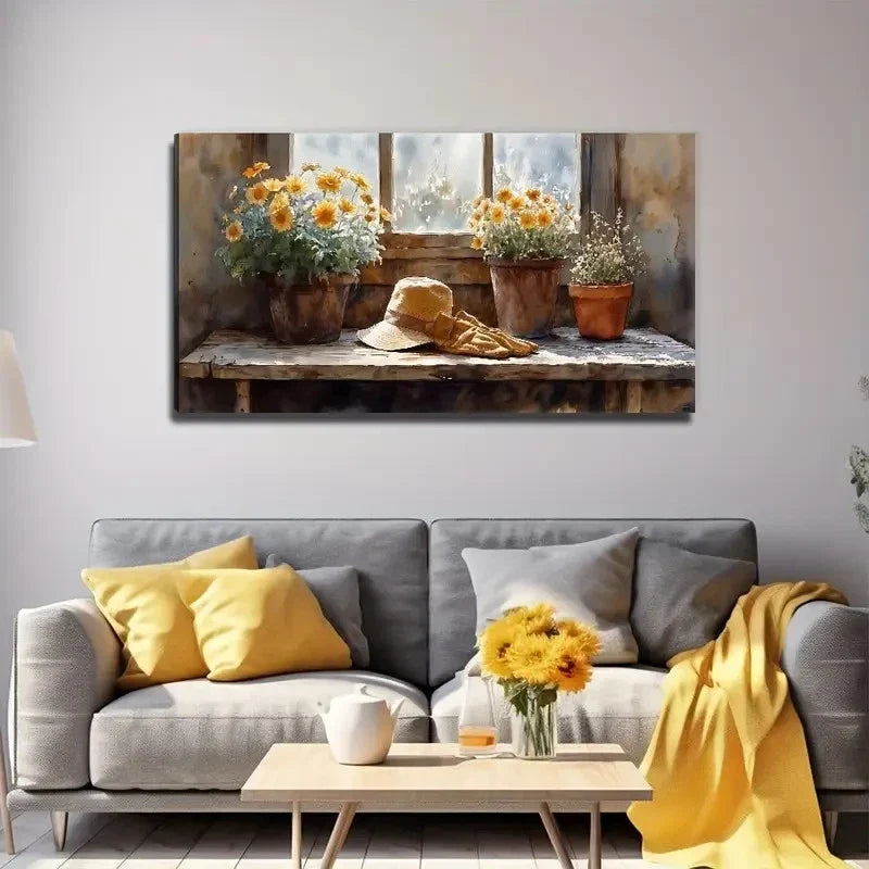 Window Sill Flowers & Hat Wall Art Canvas Office Home Room Framed 120x60cm
