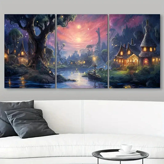 3pcs Colourful Painting Sun River Big Tree Metal Print Ready to Hang Art