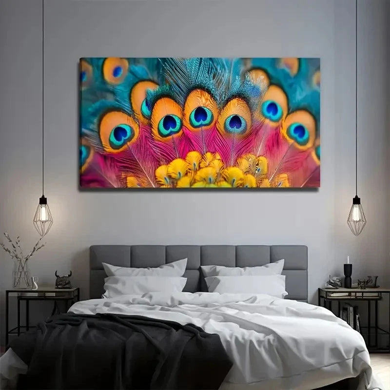 Feathers Peacock Suitable Wall Art Canvas Office Home Room Framed 120x60cm