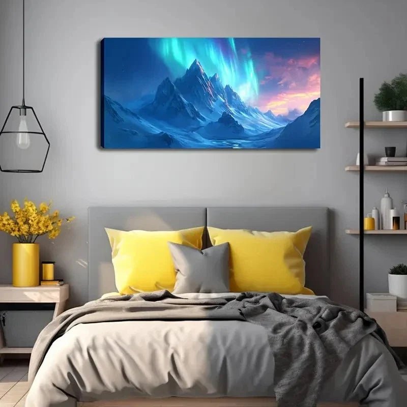 Snow-Capped Mountains Aurora Wall Art Canvas Office Home Room Framed 120x60cm