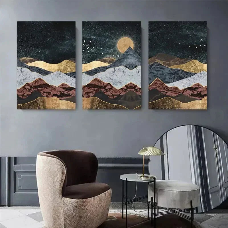 3pcs Mountain, Sun & Golden Foil Design Metal Print Ready to Hang Art