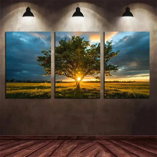 3pcs Tree In The Middle Of An Open Area Metal Print Ready to Hang Art