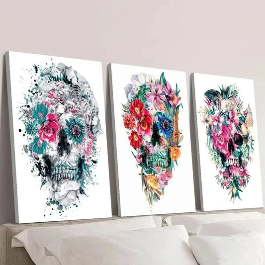 3pcs Vibrant Floral Skull Decoration Wall Art Set Canvas Framed 40x60cm - High Quality Print 100% Australian Made Wall Canvas Ready to Hang