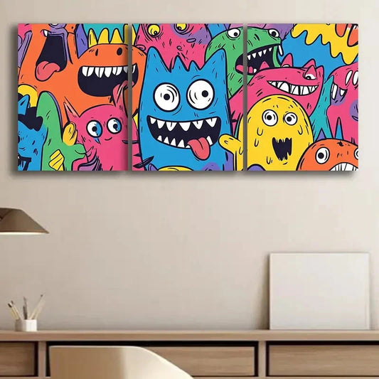 3pcs Monster Theme for Home Colorful Perfect Wall Art Set Canvas Framed 40x60cm - High Quality Print 100% Australian Made Wall Canvas Ready to Hang