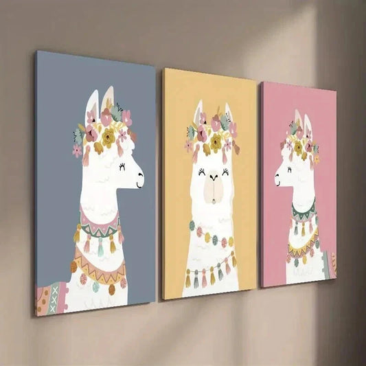 3pcs Cartoon Animals and Flowers Illustration Wall Art Set Canvas Framed 40x60cm - High Quality Print 100% Australian Made Wall Canvas Ready to Hang