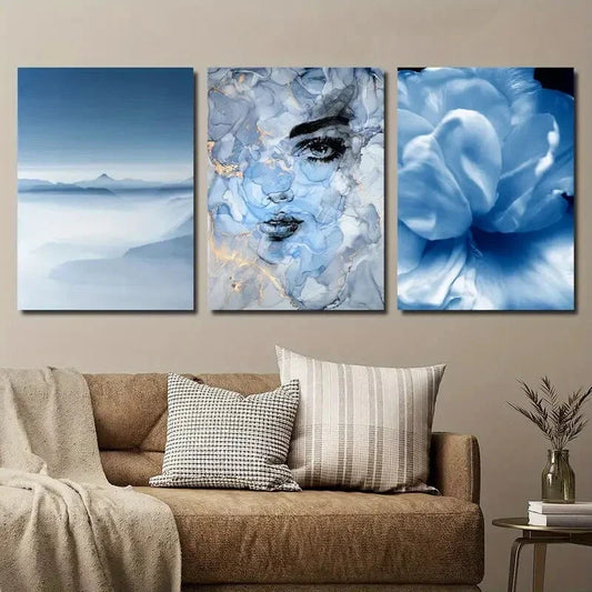 3pcs Abstract Blue Mountain and Cloud Metal Print Ready to Hang Art