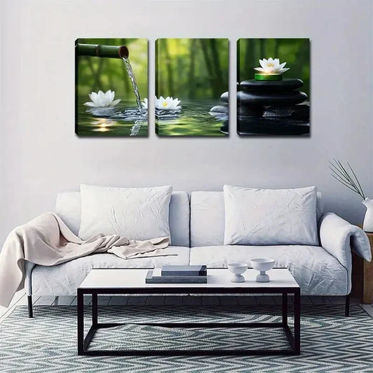 3pcs Serene Bamboo Forest with for Lotus Flowers Wall Art Set Canvas Framed 40x60cm - High Quality Print 100% Australian Made Wall Canvas Ready to Hang
