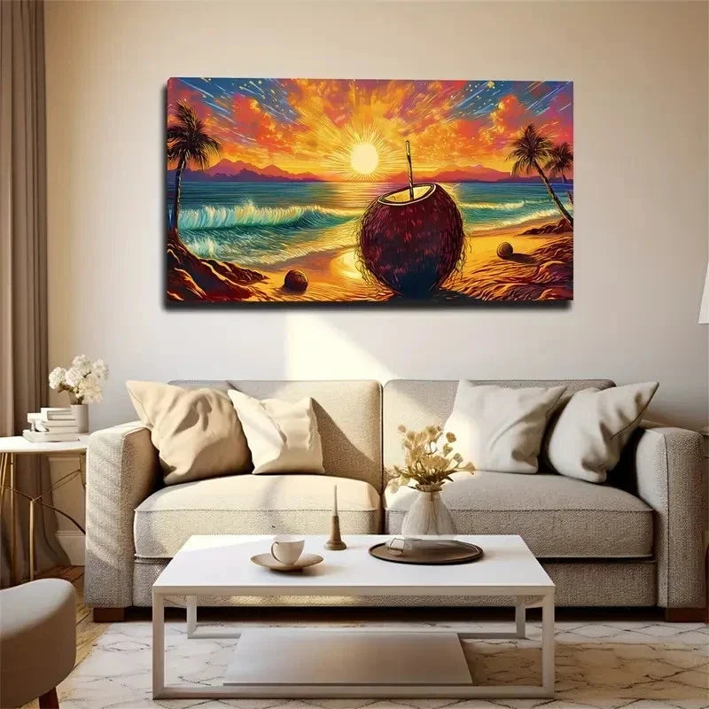 Vibrant Ocean & Palm Tree Wall Art Canvas Office Home Room Framed 80x45cm