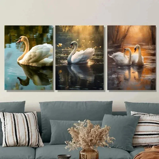 3pcs Elegant White Swans In Serene Water Wall Art Set Canvas Framed 40x60cm - High Quality Print 100% Australian Made Wall Canvas Ready to Hang