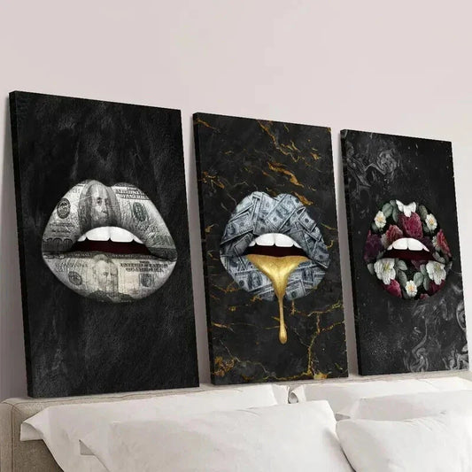 3pcs Money Golden Colorful Bouquet Lips Wall Art Set Canvas Framed 40x60cm - High Quality Print 100% Australian Made Wall Canvas Ready to Hang